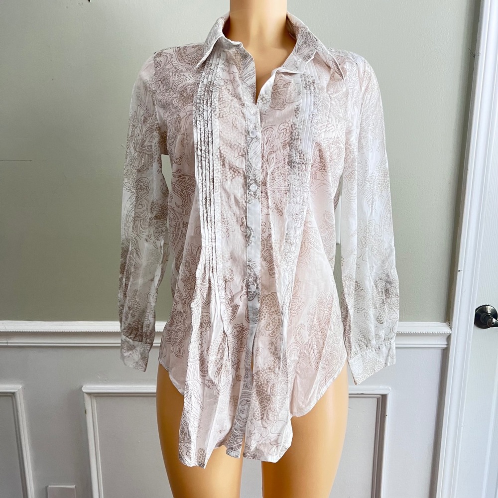 Coldwater Creek Button Front Blouse Womens Small Pintuck Paisley White Tan Boho